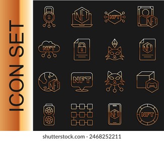 Setzen Sie Linie NFT Digital Crypto Art, Vertrag, Dokument und Schloss, Cloud, Cyber-Sicherheit und Icon. Vektorgrafik