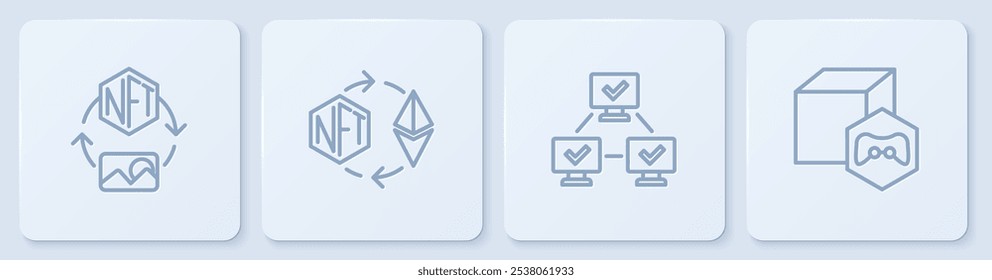 Definir a linha NFT Digital crypto art, tecnologia blockchain, intercâmbio Ethereum e . Botão quadrado branco. Vetor