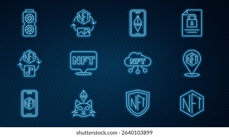 Set line NFT Digital crypto art, Ethereum ETH, Video graphic card, cloud and  icon. Vector