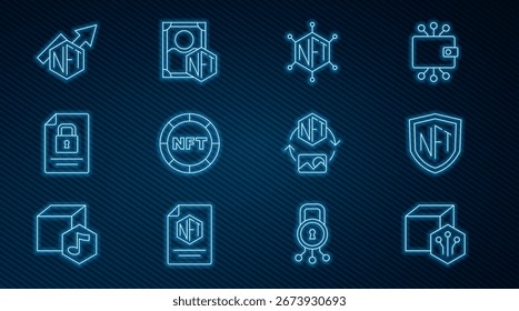Set line NFT Digital crypto art, shield, blockchain technology, Document and, growth bar chart,  and  icon. Vector