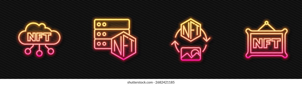 NFT Digital crypto art, cloud, tecnología blockchain y.. Icono de neón brillante. Vector