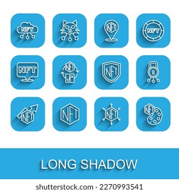 Set line NFT growth bar chart, Digital crypto, cloud, blockchain technology, Cyber security and shield icon. Vector