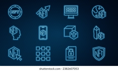 Set line NFT shield, Digital crypto art, Binary code, Mobile with store app,  and growth bar chart icon. Vector