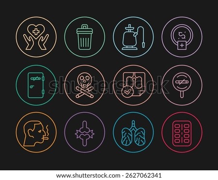 Set line Nicotine gum in blister pack, No smoking, Hookah, Bones and skull, area, Heart with cross, Lungs x-ray diagnostics and Trash can icon. Vector