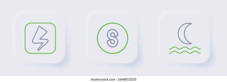 Set line Night fog or smoke, Compass south and Lightning bolt icon. Vector