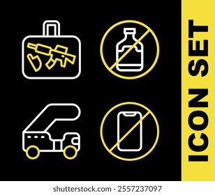 Set line No alcohol, cell phone, Passenger ladder and Suitcase icon. Vector