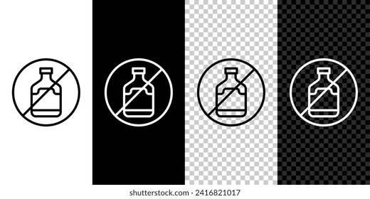 Set line No alcohol icon isolated on black and white, transparent background. Prohibiting alcohol beverages. Forbidden symbol with beer bottle glass.  Vector