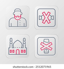 Set line No alcohol, Muslim Mosque, sweets and man icon. Vector