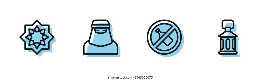 Set line No alcohol, Octagonal star, Muslim woman in niqab and Ramadan Kareem lantern icon. Vector