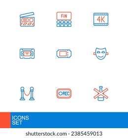Set line No alcohol, Record button, Rope barrier, Comedy theatrical mask, VHS video cassette tape, Cinema ticket, 4k movie and auditorium with screen icon. Vector