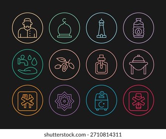 No hay alcohol, comida de mesa, torre de la mezquita o minarete, fruta de la fecha, Wudhu, hombre musulmán, perfume e icono. Vector