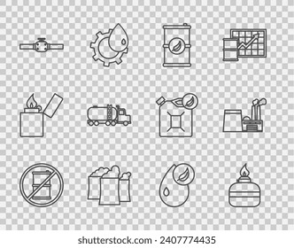 Fijar la línea Sin barril para gasolina, quemador de alcohol, combustible de bio, construcción de fábricas de aceite, tuberías y válvulas industriales, camión cisterna e ícono. Vector