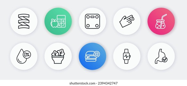 Set line No burger, Fresh smoothie, Water balance, Smart watch with heart, Finger blood, Bathroom scales, Human stomach health and Salad bowl icon. Vector