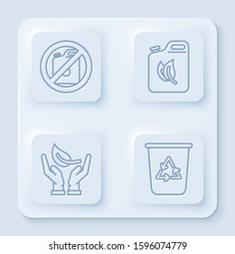 Set line No canister for gasoline, Bio fuel canister, Sprout in hand of environmental protection and Recycle bin with recycle symbol. White square button. Vector