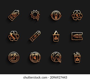 Set line No canister for gasoline, Bio fuel, Stop ocean plastic pollution, Earth globe and leaf, Recycle bin with recycle symbol, Battery,  and  icon. Vector