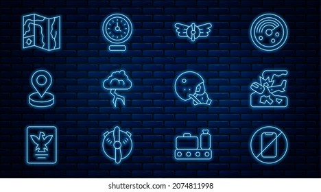 Set line No cell phone, Plane crash, Aviation emblem, Storm, Location, World travel map, Modern pilot helmet and Clock icon. Vector
