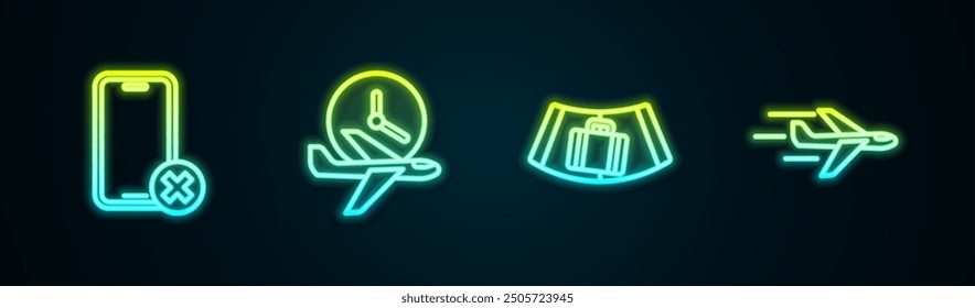 Set line No cell phone, Flight time, Conveyor belt with suitcase and Plane. Glowing neon icon. Vector