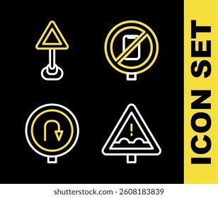 Set line No cell phone, Uneven road ahead sign, Turn back and Triangle warning blank icon. Vector