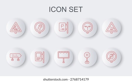 Set line No cell phone, Road traffic sign, Parking, Hospital road, Warning, Slippery,  and Billboard with lights icon. Vector