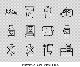 Set line No doping syringe, Swimming pool with ladder, Fitness shaker, alcohol, Sport sneakers, Medical book, Toothbrush and toothpaste and Smart watch icon. Vector