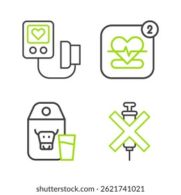 No hay jeringa de dopaje, paquete de papel para la leche, móvil con la frecuencia cardíaca y el icono de la presión arterial. Vector