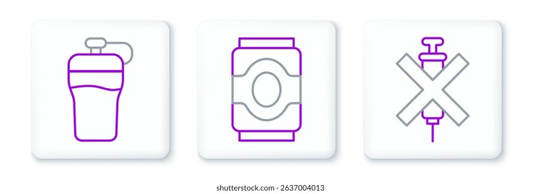 Set line No doping syringe, Fitness shaker and Soda can icon. Vector