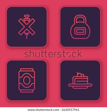 Set line No doping syringe, Soda can, Kettlebell and Cake. Blue square button. Vector