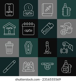 Set line No electronic cigarette, Hypnosis, Smoking pipe with smoke, Book stop, smoking days, at home,  and Lighter icon. Vector