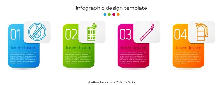 Set line No fire, Fire in burning building, Cigarette and Fire extinguisher. Business infographic template. Vector