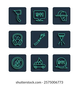 Set line No fire, Burning car, Emergency call 911, Firefighter helmet, hose reel, Gas mask, axe and sprinkler system icon. Vector