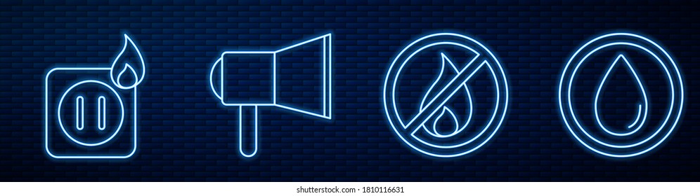 Fijar la línea No hay incendio, cableado eléctrico del enchufe en el fuego, Megáfono y gota de agua. Icono de neón brillante en la pared de ladrillo. Vector