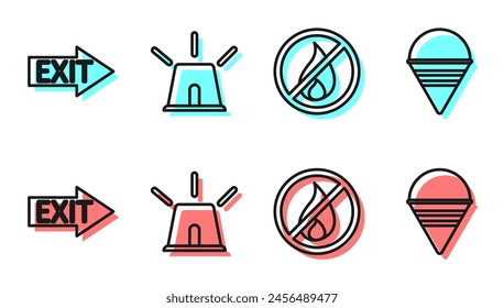Set line No fire, Fire exit, Flasher siren and Fire cone bucket icon. Vector
