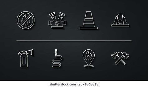 Set line No fire, Fire extinguisher, Firefighter helmet, Location with flame, hose reel, hydrant, axe and Traffic cone icon. Vector