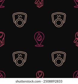 Set line No fire, Gas mask and Location with flame on seamless pattern. Vector