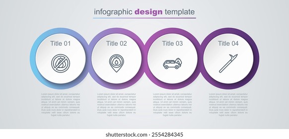 Set line No fire, Location with flame, Burning car and Metal pike pole. Business infographic template. Vector