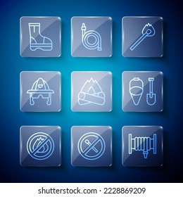Set line No fire, match, Fire hose reel, Burning with, Campfire, Firefighter helmet, boots and shovel and bucket icon. Vector