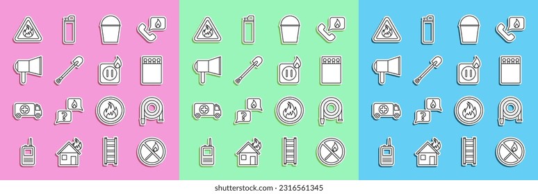 Set line No fire match, Fire hose reel, Open matchbox and matches, bucket, shovel, Megaphone, flame in triangle and Electric wiring of socket icon. Vector