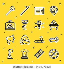 Set line No fire match, Burning car, Firefighter helmet, Building of station, Smoke alarm system, Interior fireplace, with and Electricity spark icon. Vector