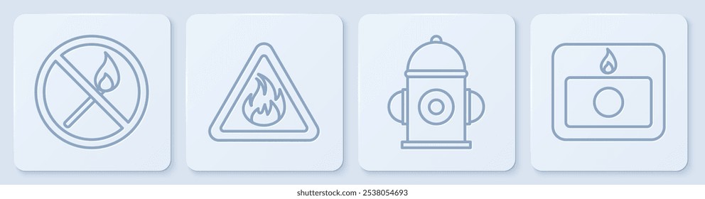 Set line No fire match, Fire hydrant, Fire flame in triangle and Fire alarm system. White square button. Vector