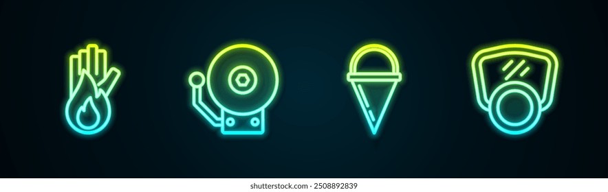 Set line No fire, Ringing alarm bell, Fire cone bucket and Gas mask. Glowing neon icon. Vector