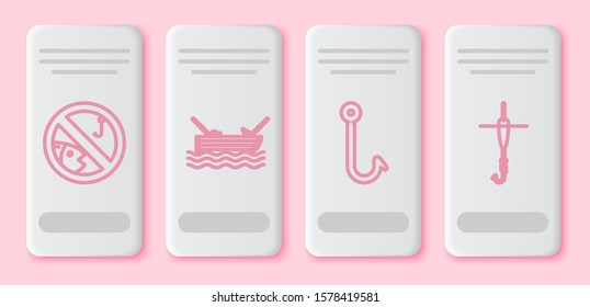 Set line No fishing, boat with fishing rod on water, Fishing hook and Fishing hook and float. White rectangle button. Vector