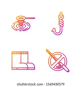 Set line No fishing, Fishing boots, Fishing net in water and Fishing hook. Gradient color icons. Vector