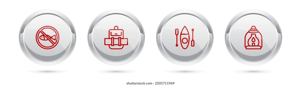 Set line No fishing, Hiking backpack, Kayak or canoe and Camping lantern. Silver circle button. Vector