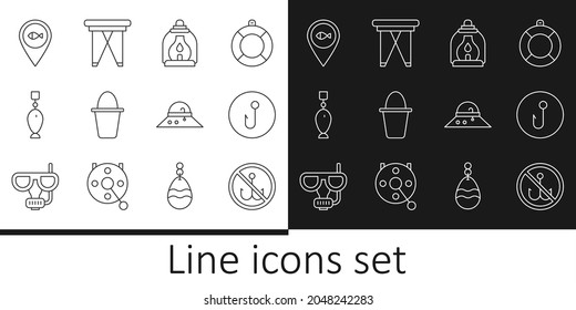 Set line No fishing, Fishing hook, Camping lantern, bucket, spoon, Location, Fisherman hat and Folding chair icon. Vector