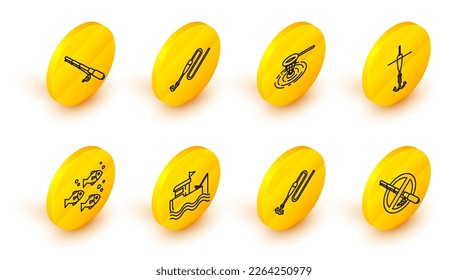 Set line No fishing, Fishing line with hook and float, boat rod on water, net,  and  icon. Vector