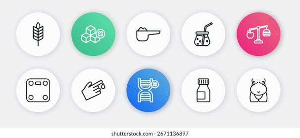 No hay OMG, calculadora de calorías, básculas de baño, vitaminas, batido fresco, proteína de nutrición deportiva, obesidad e icono de sangre de dedo. Vector