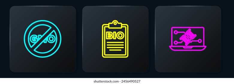 Set line No GMO, Genetic engineering modification and Document for bio healthy food. Black square button. Vector
