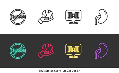 Set line No GMO, Hand holding Earth globe, DNA symbol and Human kidney on black and white. Vector