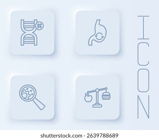 Set line No GMO, Human stomach health,  and Calorie calculator. White square button. Vector