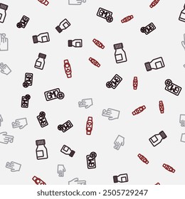 Set line No GMO, Vitamins, Finger blood and Smart watch with heart on seamless pattern. Vector